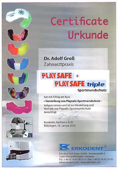 Erkodent Zertifikat - PLAYsafe Sport mund Schutz - Dr. Gross in Böblingen und Ehningen